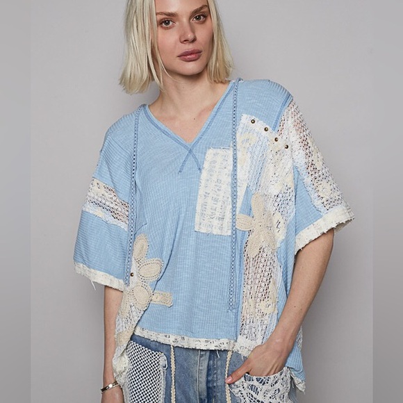 POL Tops - POL Blue and White Oversized Embellished Hoodie
